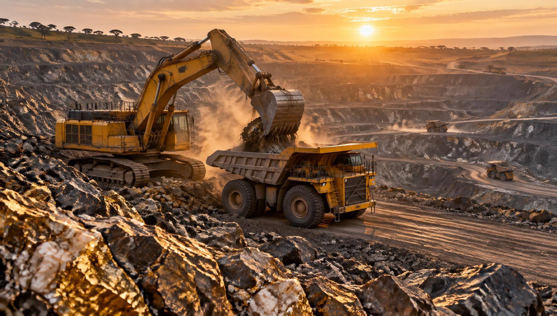 Open-pit mining operation at sunrise